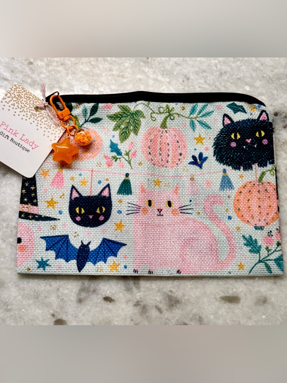 New Halloween Pink Cat Pumpkin Bat Makeup Tech Pencil Zippered Bag w/ Charm 8.5”